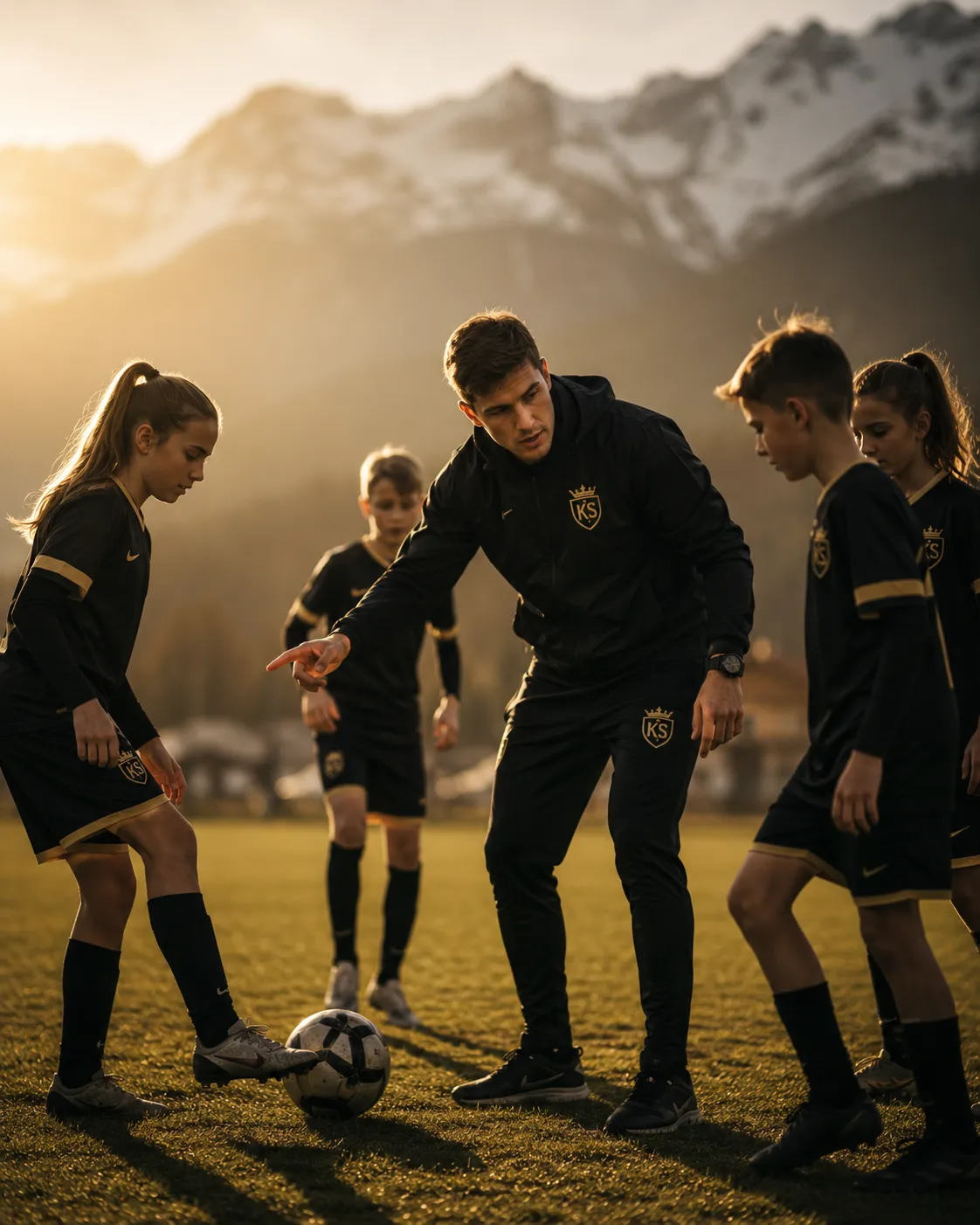 Fußballtraining in Tirol: Trainer beim Fußball-Individualtraining mit Kindern und Jugendlichen auf dem Platz vor verschneiten Bergen